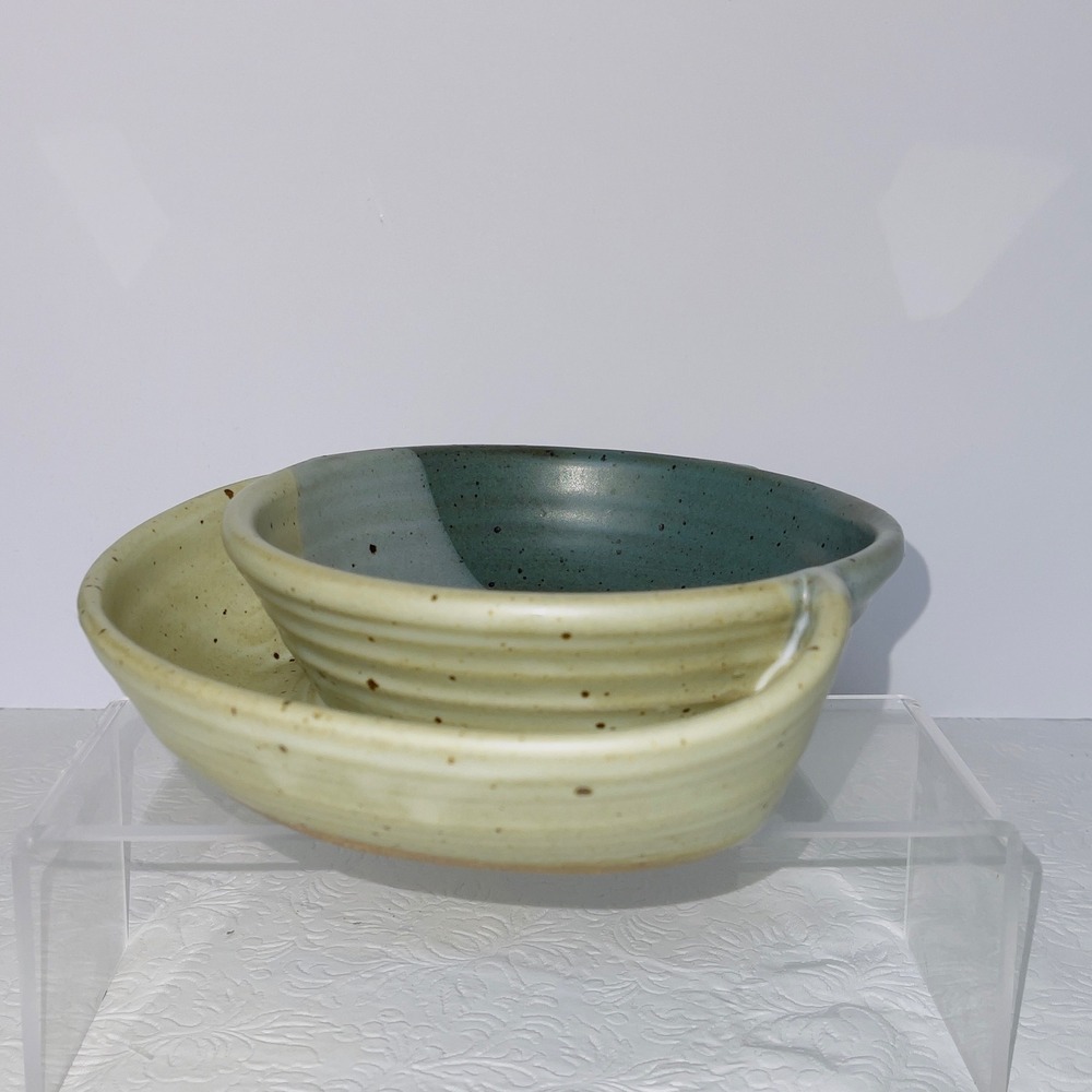 Studio Pottery Soup & Crackers Bowl Integrated Saucer Tray Speckled Blue Green